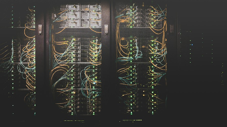Blue-lit enterprise data centre server racks